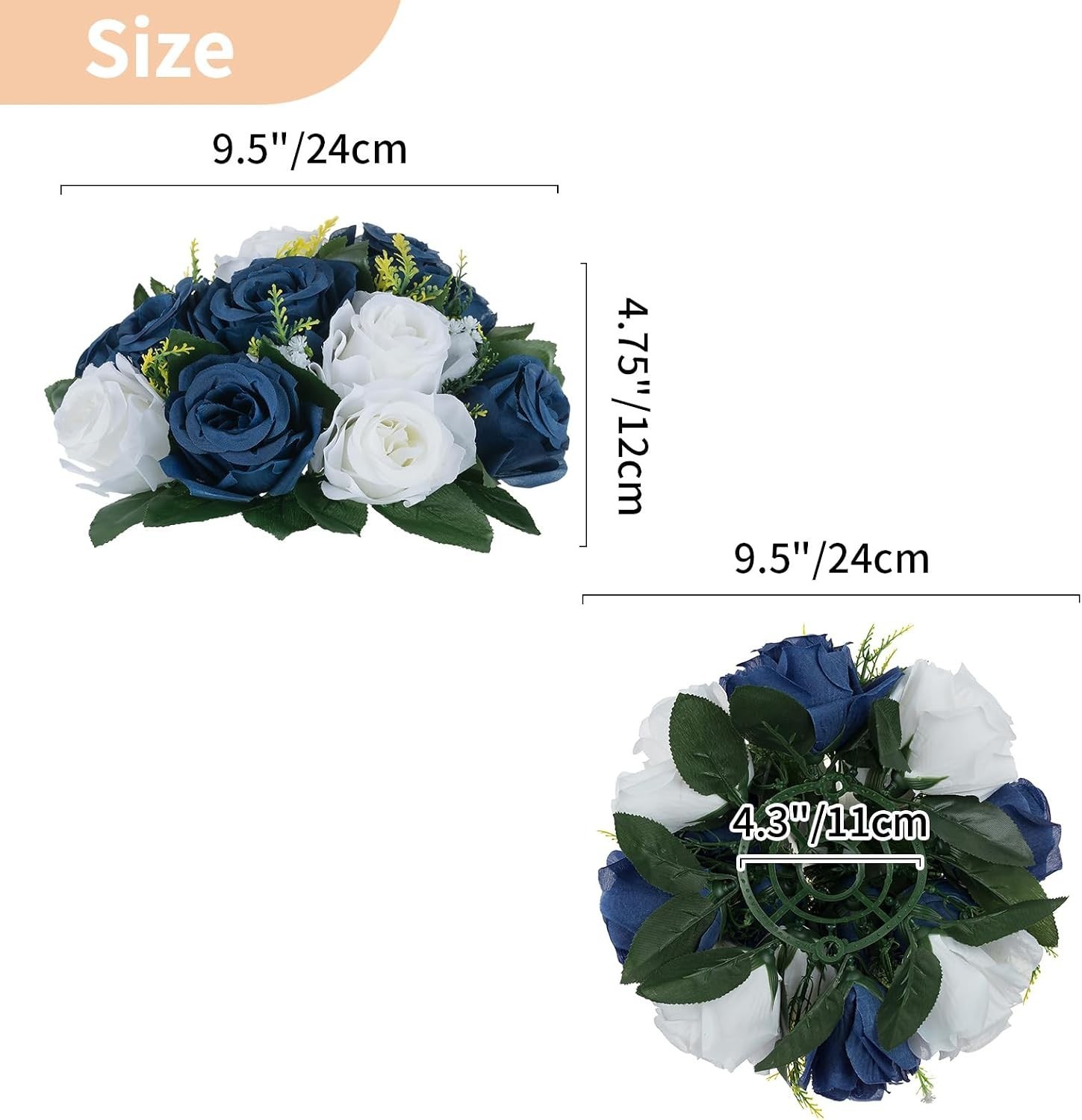Silk Fake Rose Balls – Navy Blue & White – Set of 10