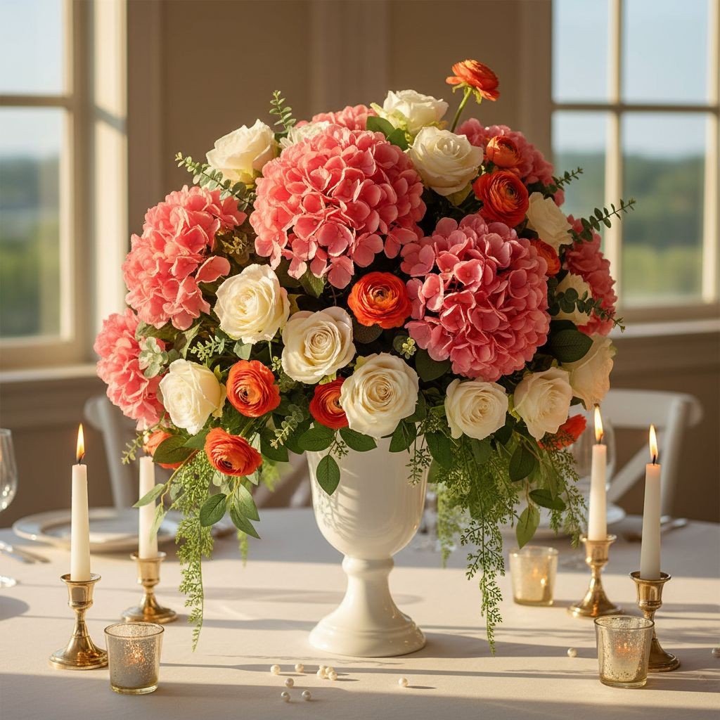 Coral Pink Hydrangea Stem Faux Flower 12 Inch Artificial Hydrangea Bloom 6 Inch