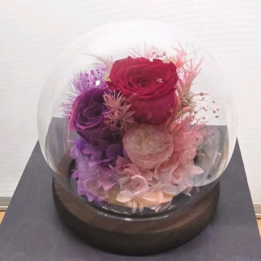 Pink And Purple Preserved Roses Dome With Fairy Lights, 4 Inch, Gift For Her