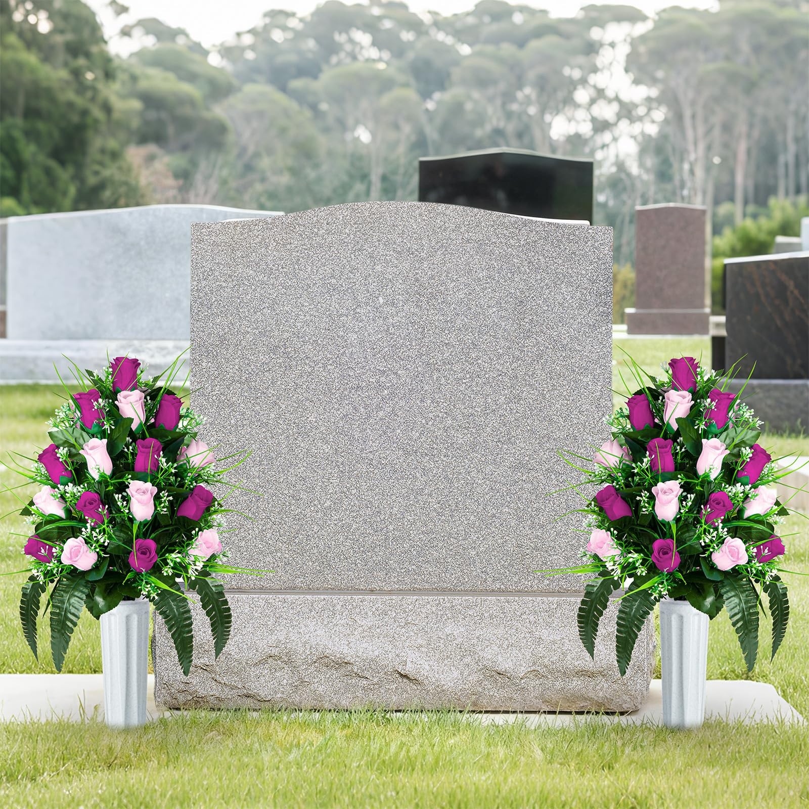 2 Sets Artificial Cemetery Flowers, Grave Decorations Roses, Memorial Flowers Bo