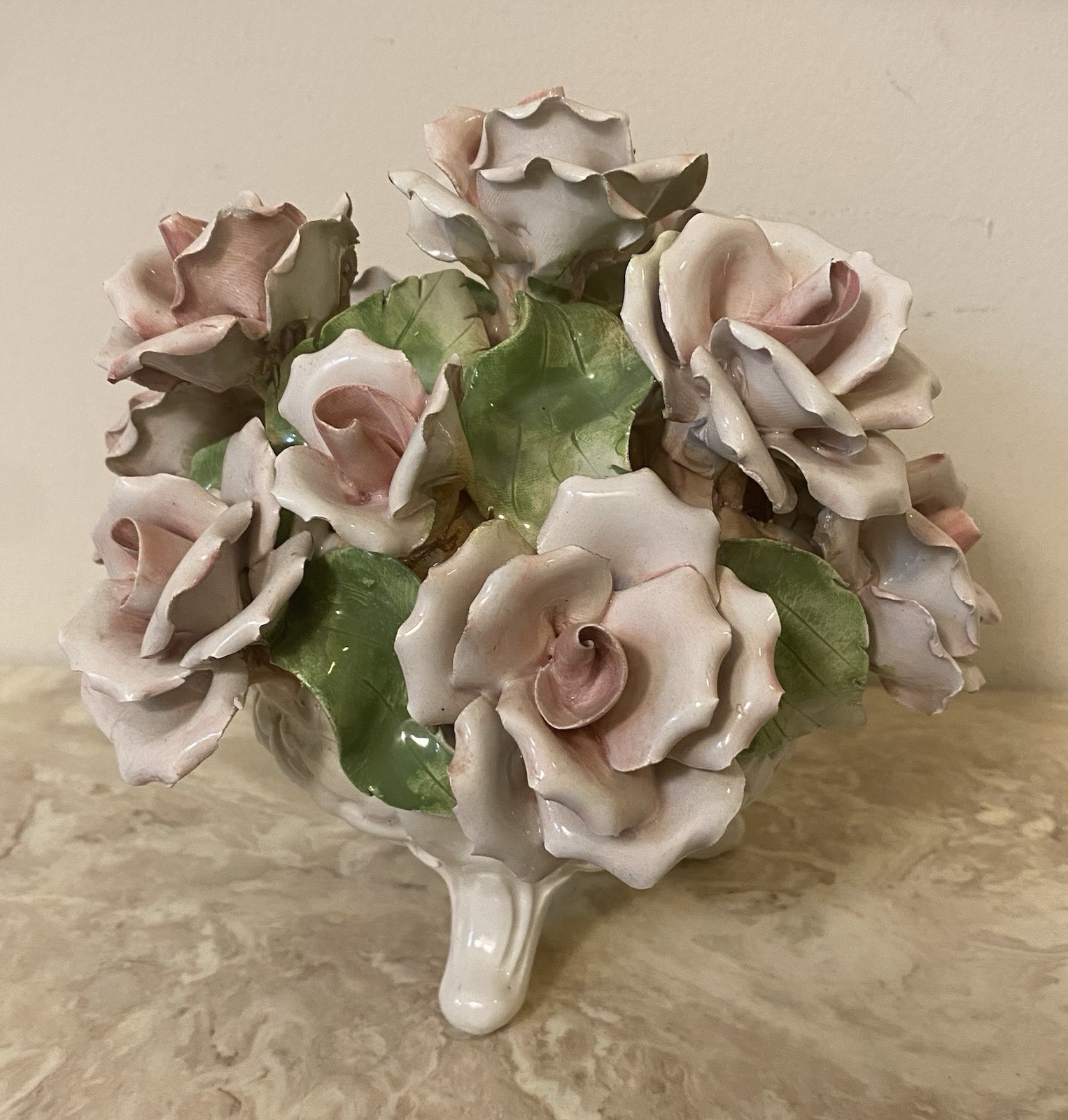 Porcelain Flower Centerpiece Capodimonte Style Italy Pink Roses 6” Tall