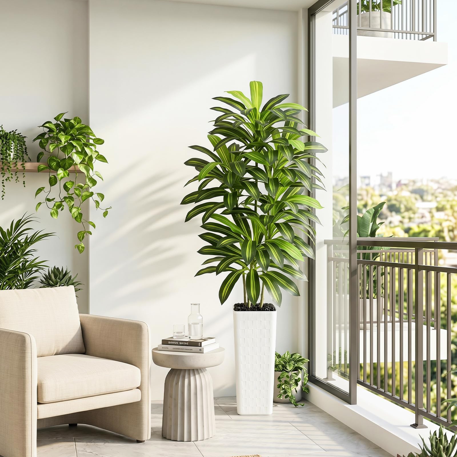 Artificial Dracaena Tree Indoor, 7FT Tall Fake Floor Plants with White Plante…