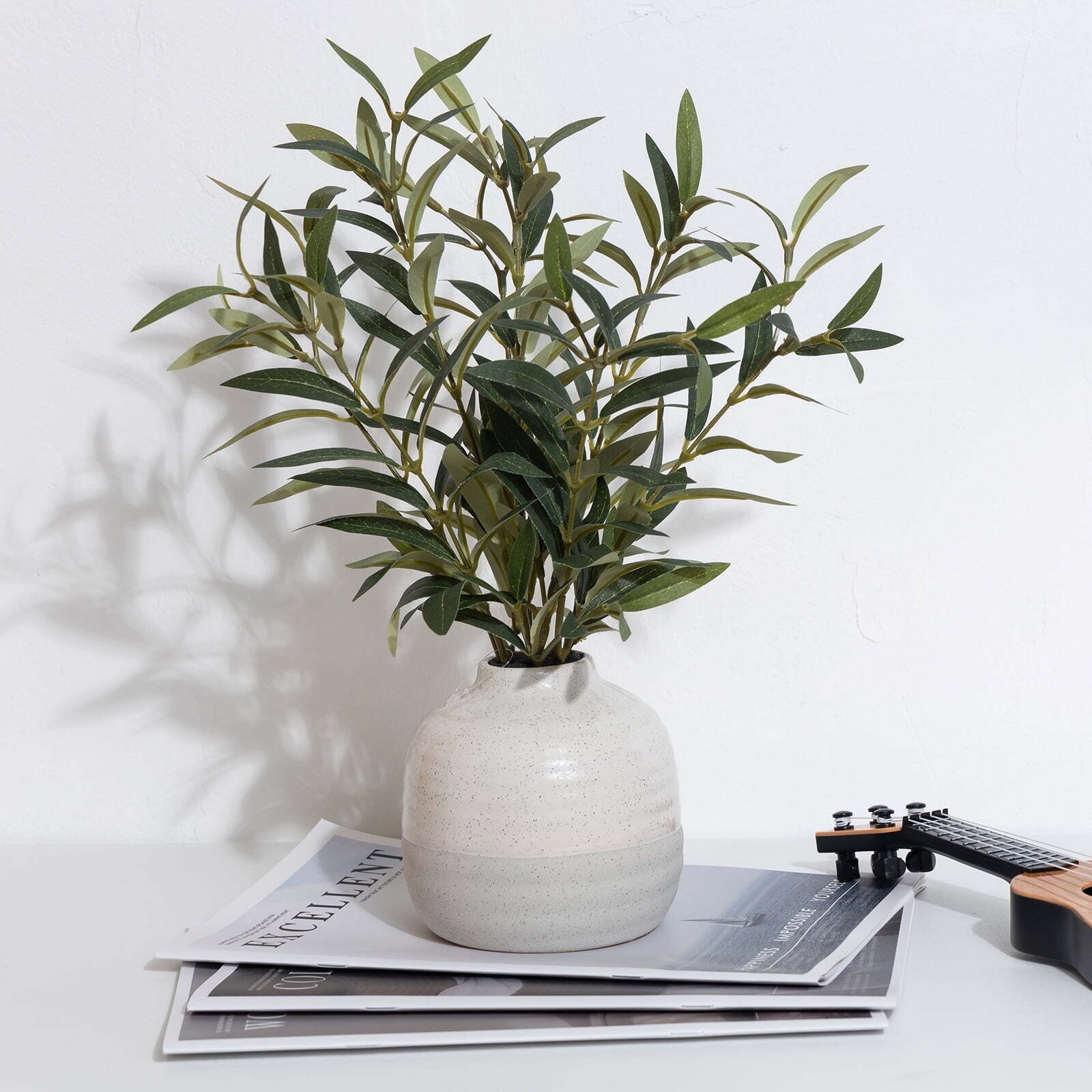 14in Indoor Artificial Olive Plant 2-Tone Ceramic Vase for Desktops Home Office