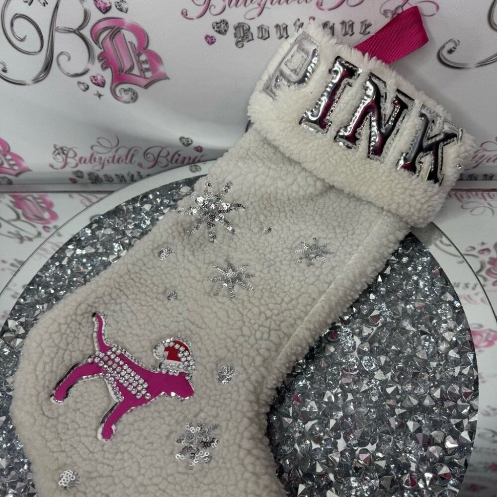 Victoria secret pink stocking Christmas Sherpa 2019 bling diamonds dog rare Xmas
