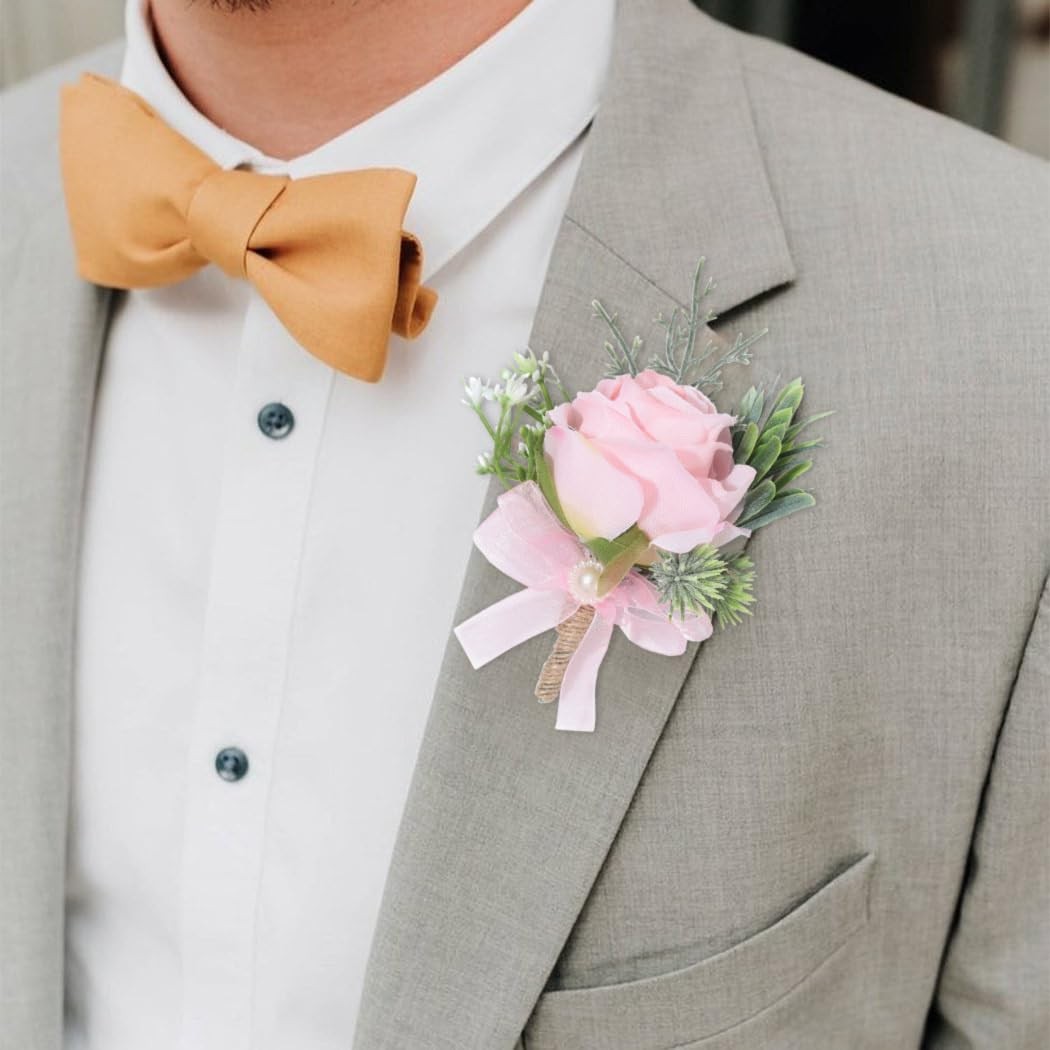 Wedding Rose Boutonniere Pink Groom Flower Men’s Boutineer Prom Suit