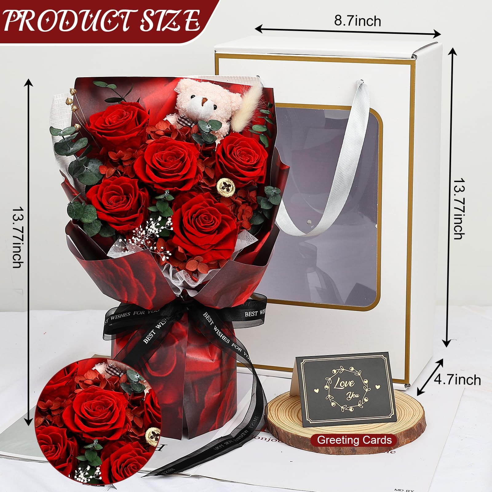 5 PCS Red Preserved Flowers Real Roses Bouquet Bear Gift Box Anniversary