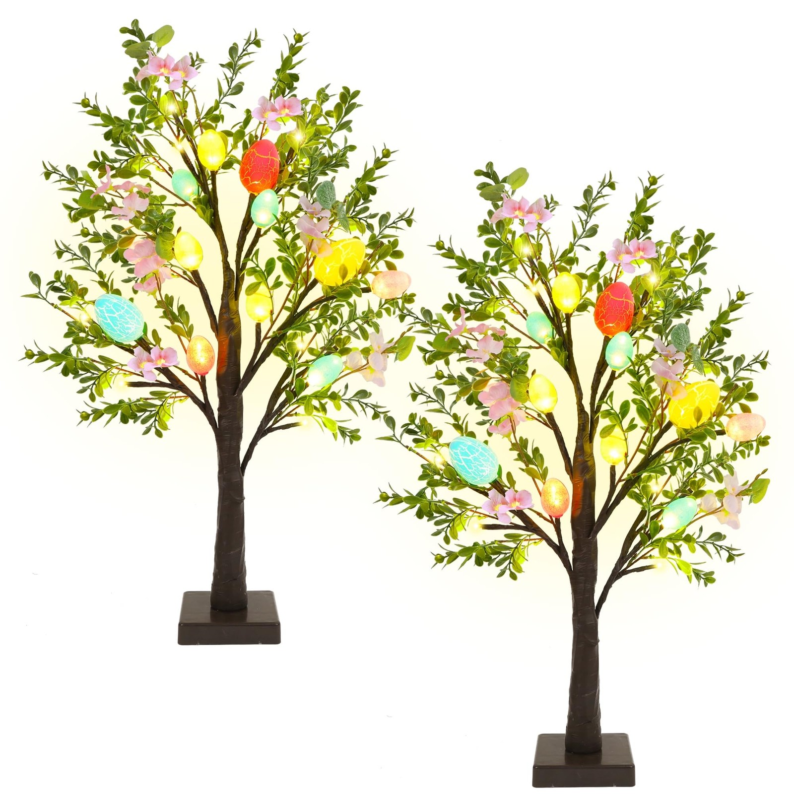 Easter Decor Set of 2 Lighted 24 Inch Artificial Tree with Easter Eggs & Colorfu