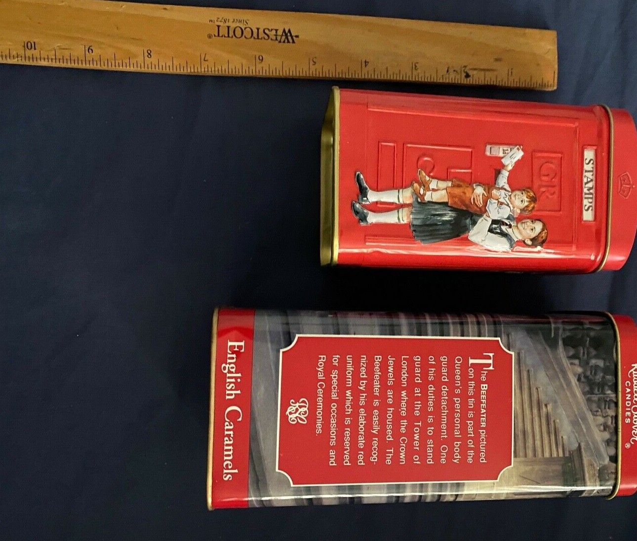 English Breakfast Tea & Russel Stover Red Phone Booth Banks (2) Tin Cans-No Food