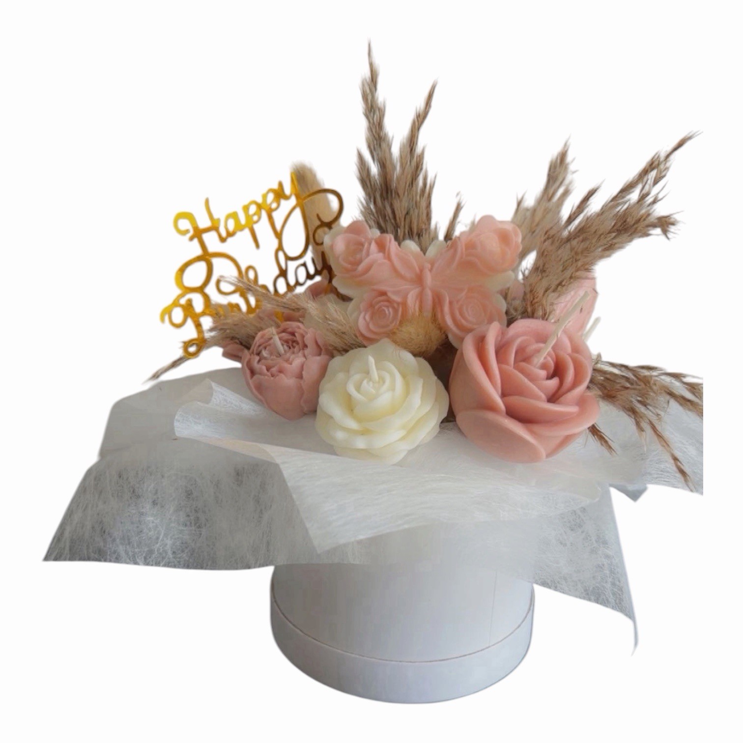 Candle Rose Hat Box Arrangement Centerpiece Pink White Beige Birthday Pick