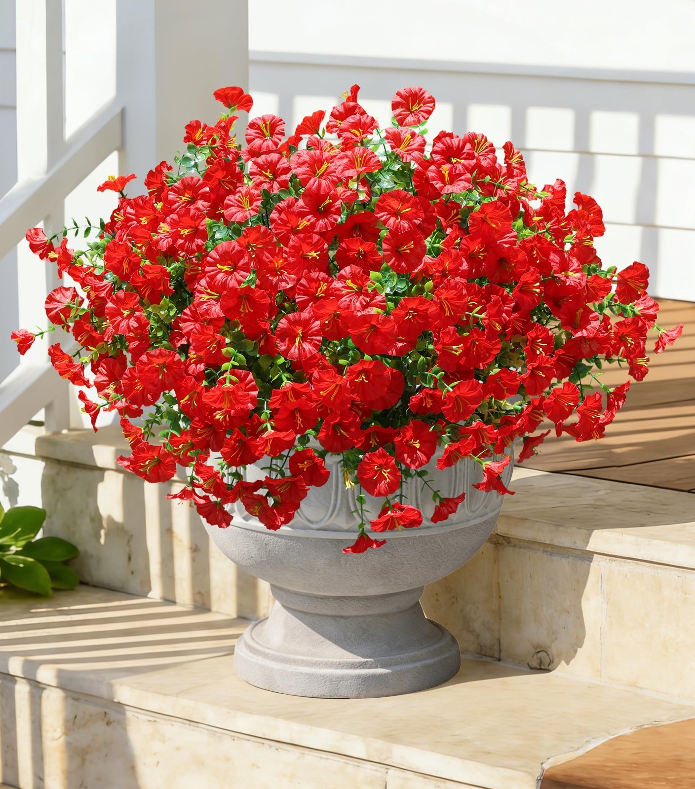 12 Bundles Red Silk Morning Glory & Eucalyptus – UV Resistant Faux Flowers for O