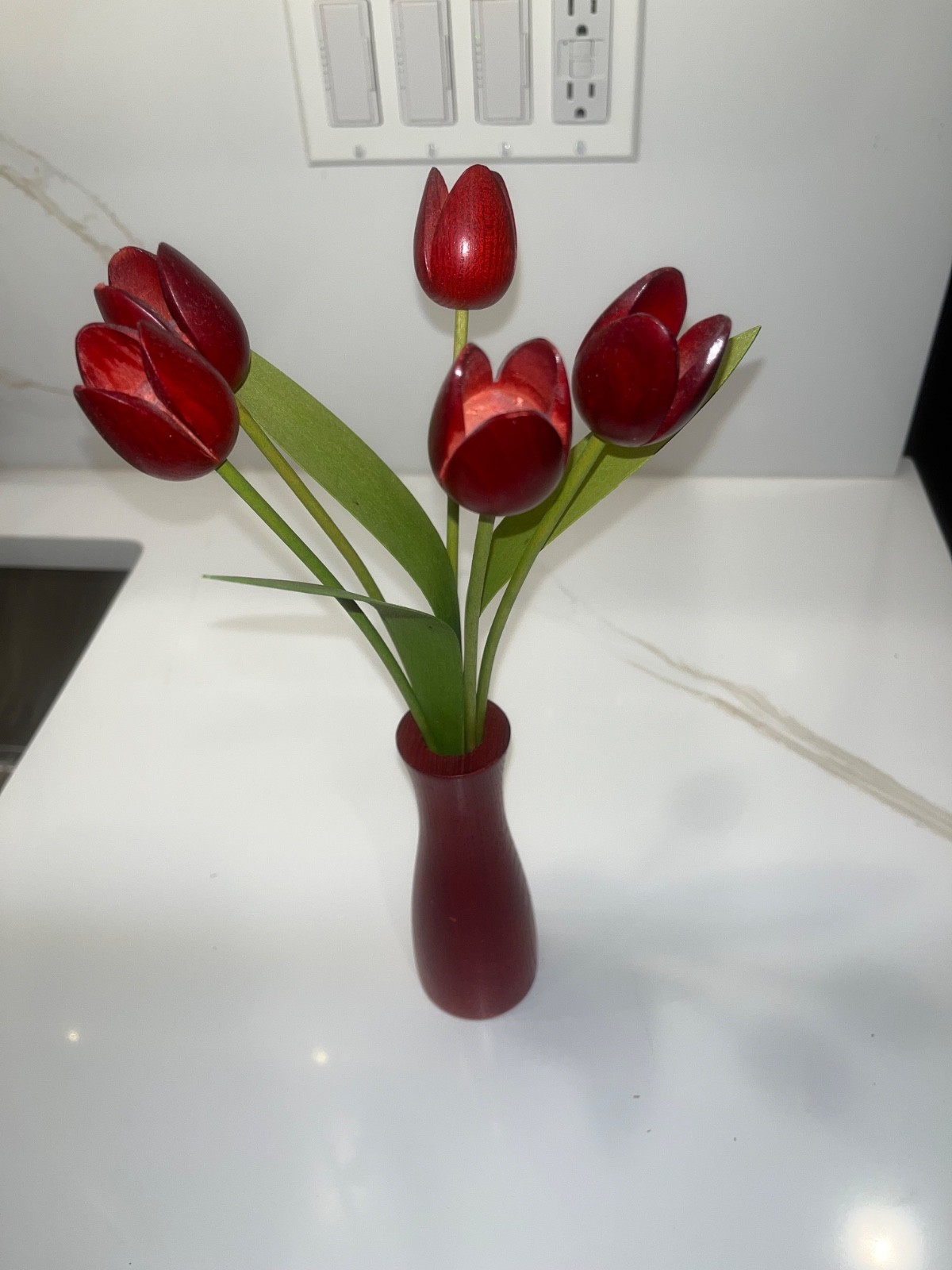 Artisan Wooden Handcrafted Tulips w/ Vase, Martin Jones, Britain