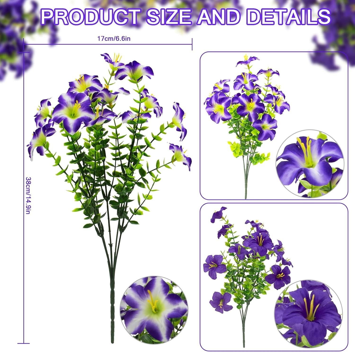 16 Pcs Artificial Petunias Flowers UV Resistant Outdoor Garden Porch Decor Purpl
