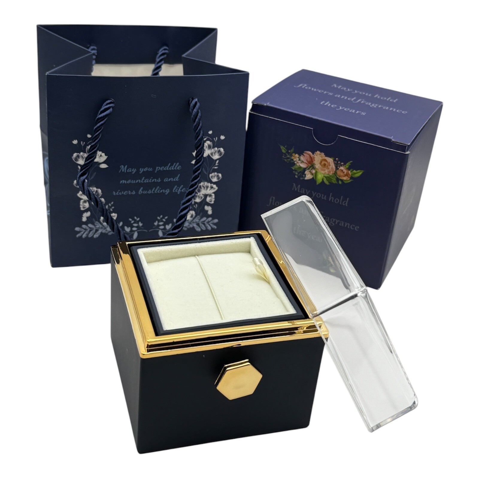 Rotating Blue Valentine wedding Eternal Rose Flower Ring Necklace Gift Box