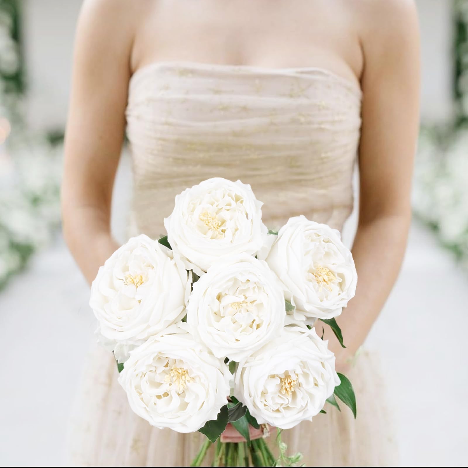 IPOPU White Roses Artificial Flowers,5PCS Real Touch Austin Roses Faux Peony …