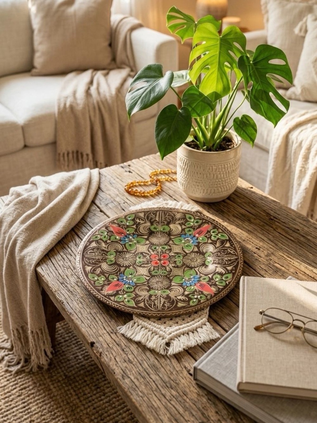 Vintage Turkish Hand Painted Copper Wall Plate 11.5″ Boho Floral Narol Decor