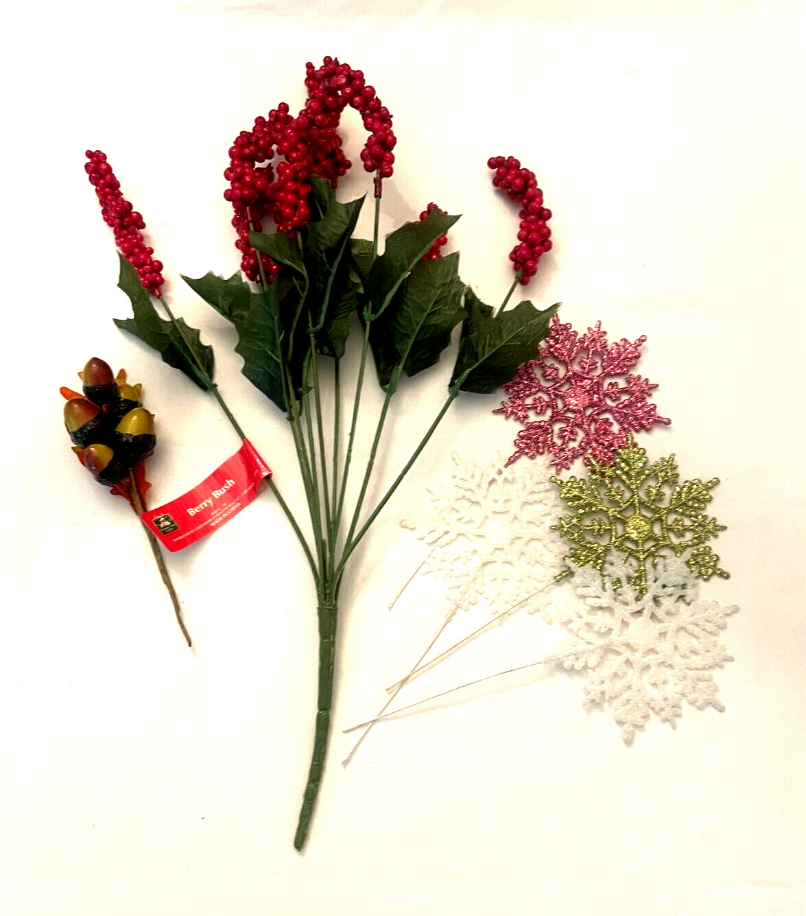 6 Flower Picks Assorted Sizes – Acorn, 4 Glitter Snow Flakes, Red Berry, Vintage
