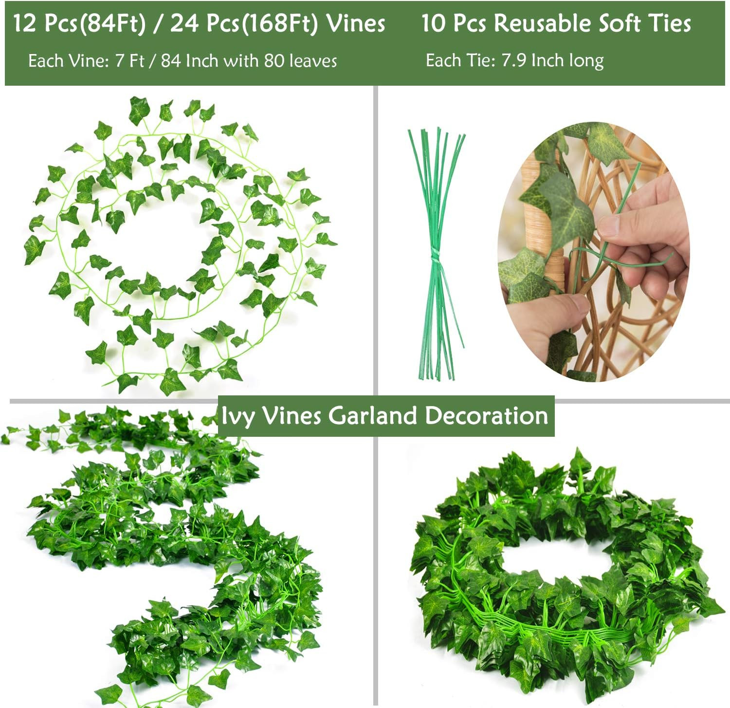 168 Ft 24 Strands Fake Ivy Leaves Artificial Ivy Garland Greenery Decor Faux Gre