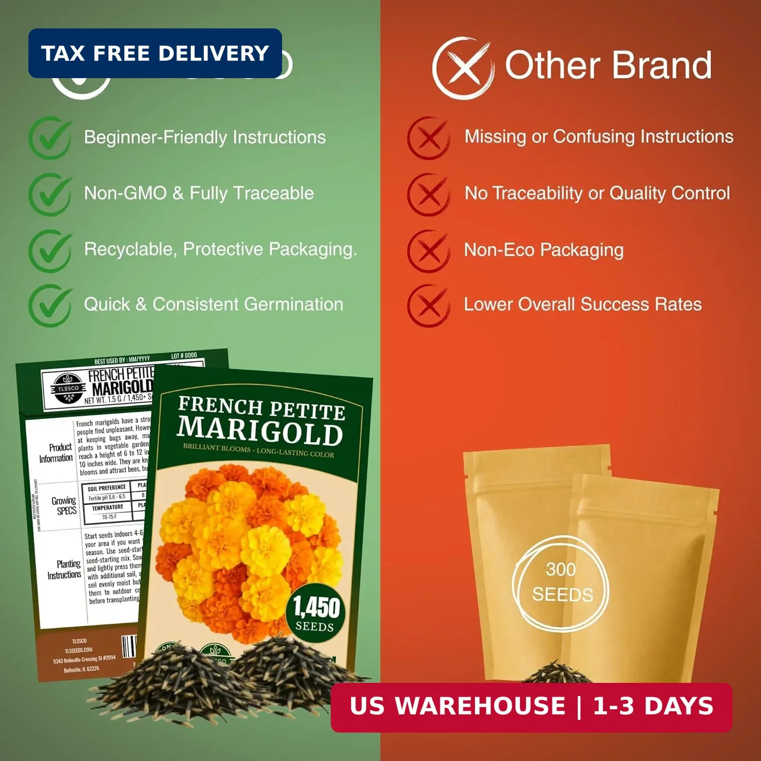 1450+ French Petite Marigold Seeds, Pack for 2026 USA Premium Multi