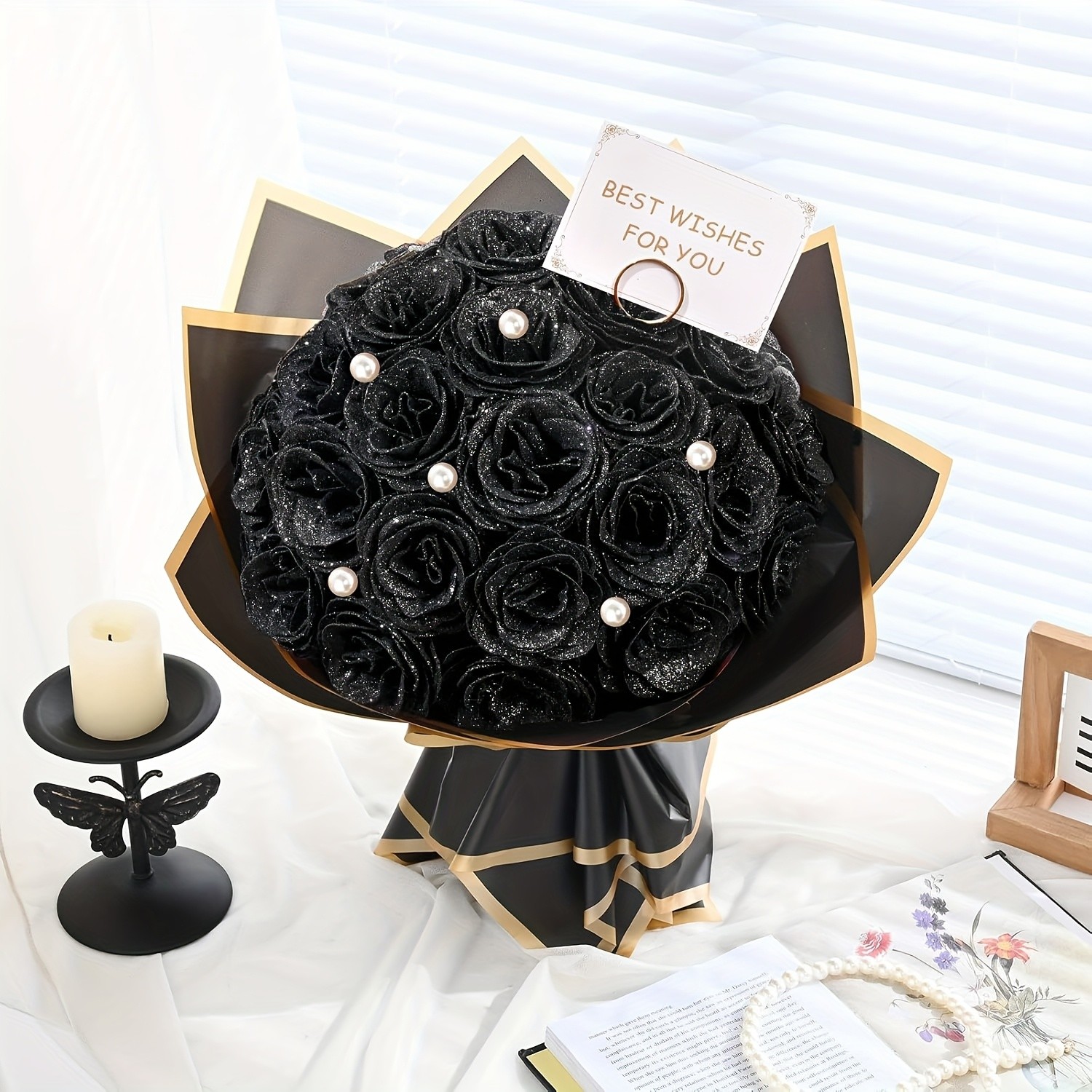 24 Pcs Glitter Rose Bouquet Shiny Artificial DIY Everlasting Birthday Wedding