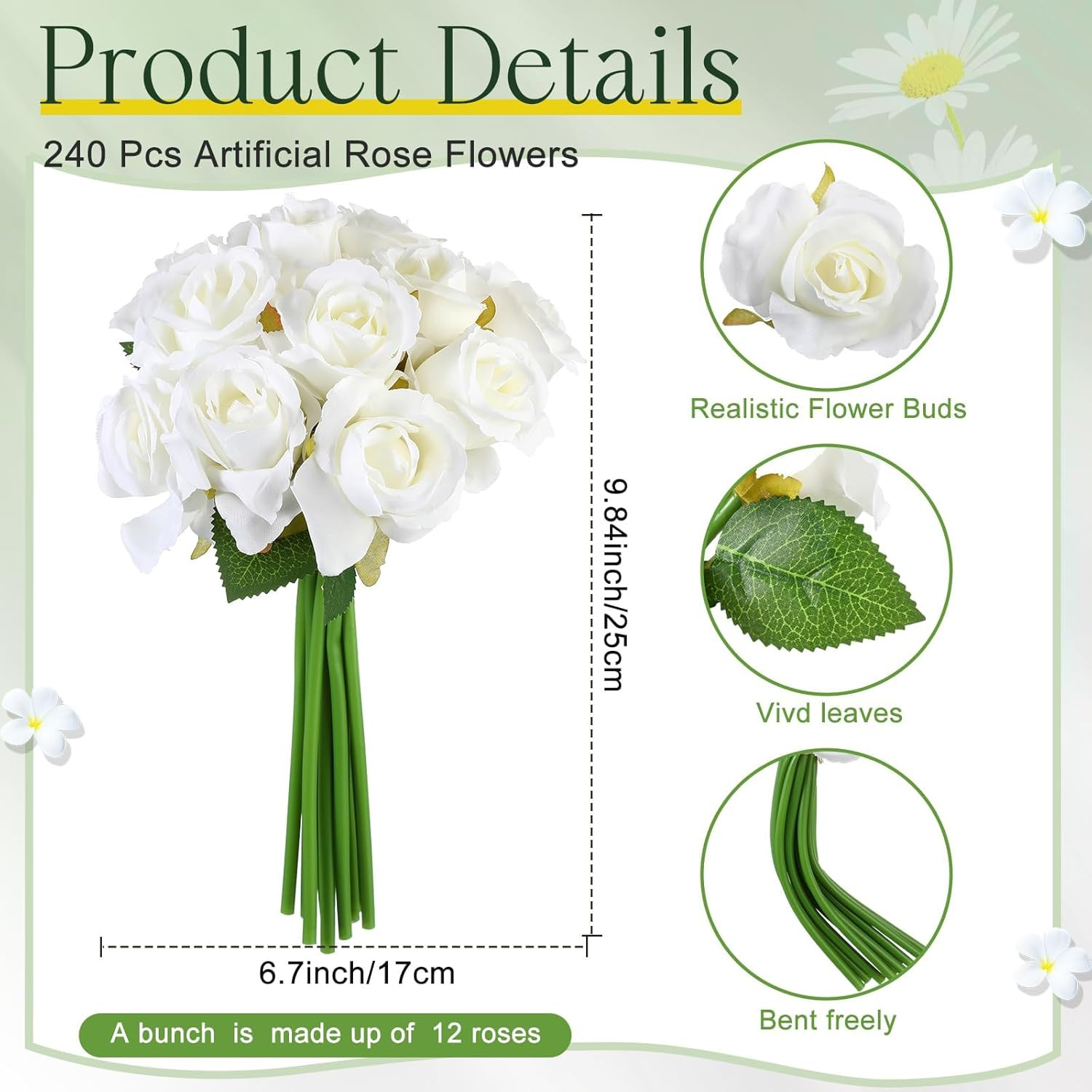 240 Pcs White Silk Artificial Rose Flowers for Weddings & Home Decor