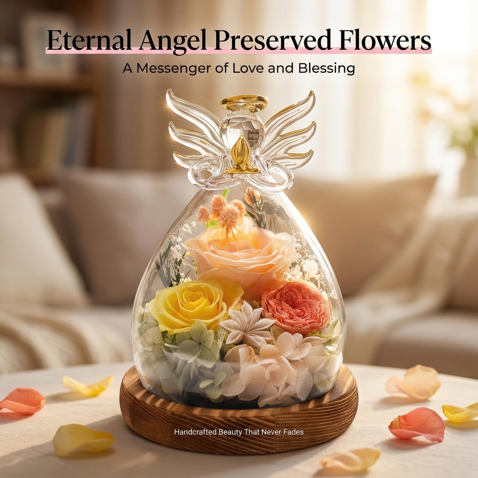 Preserved Flower in Glass Angel Figurines – Forever Flowers in Glass Dome – B…