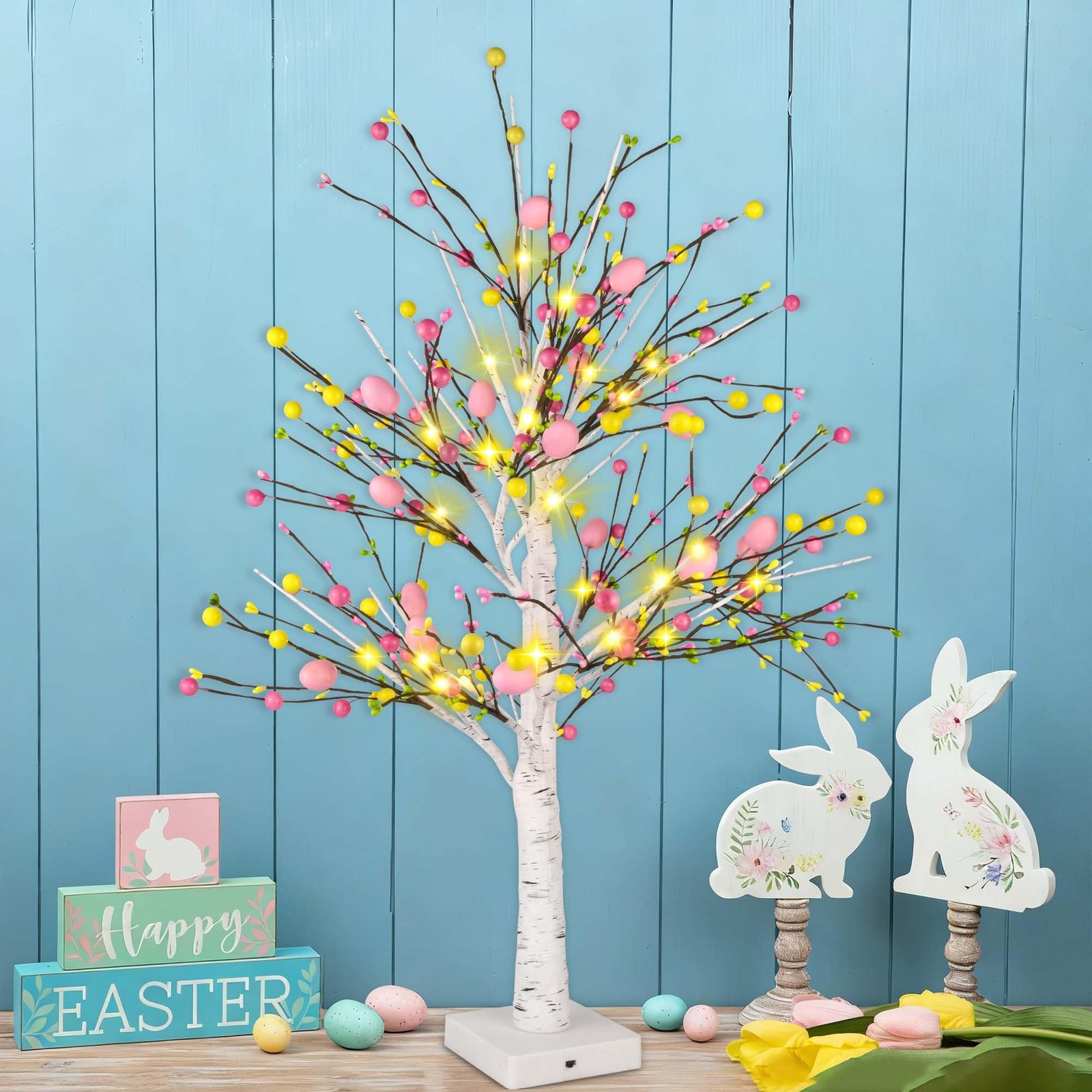 Easter Decorations, 2 Pcs Pre-lit 24 Inch Easter Egg Tree with 24 LED Lights, Ba