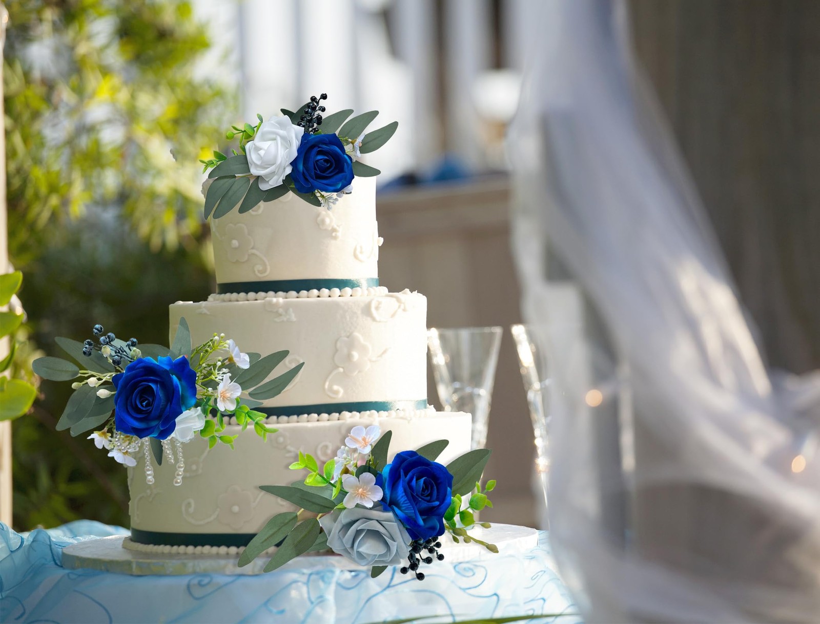 CherishedMoments 3Pcs Pre-Made Cake Flowers,Navy Blue Wedding Cake Decor