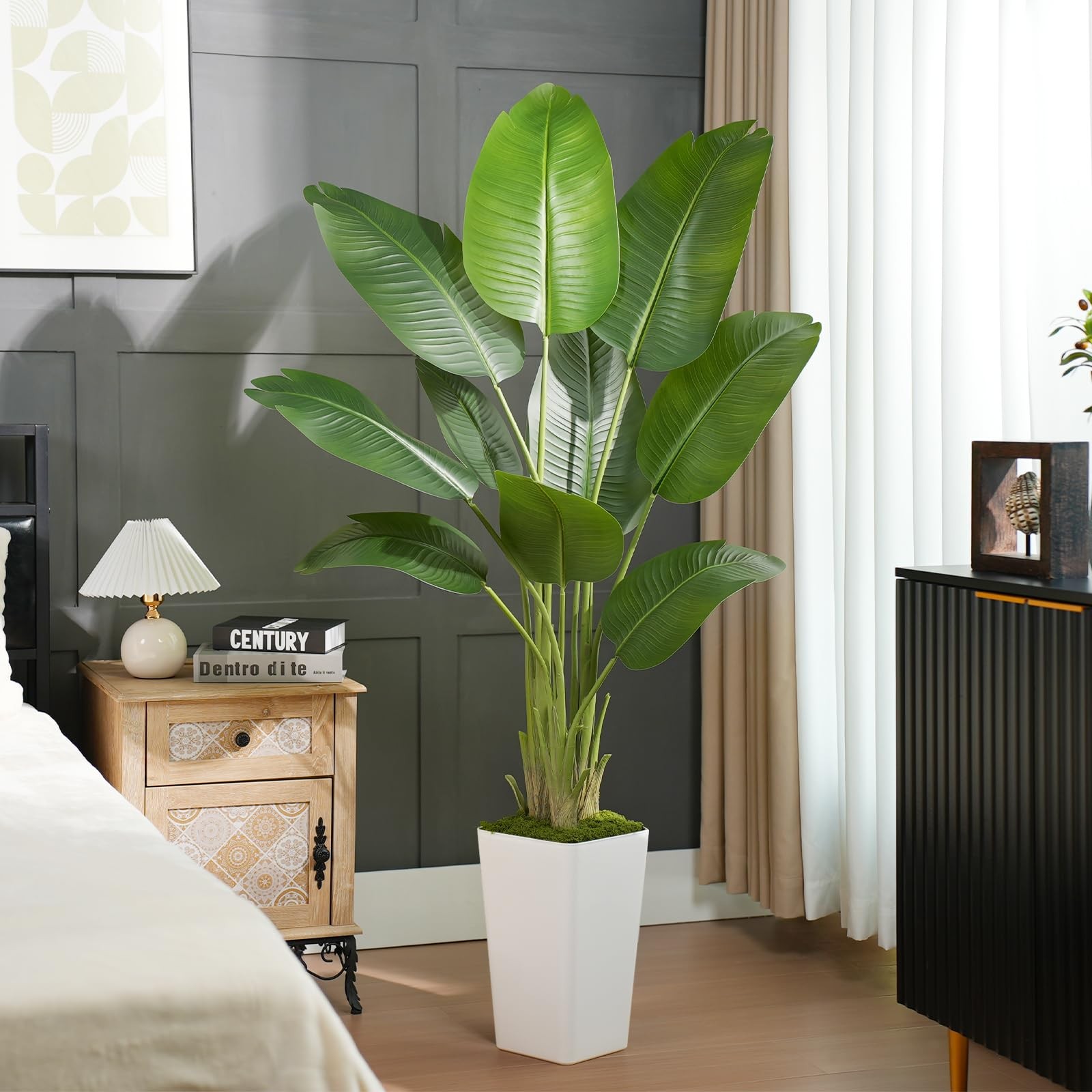 Lifelike Bird of Paradise Artificial Plant 6ft Faux Banana Leaf Tree with Whi…