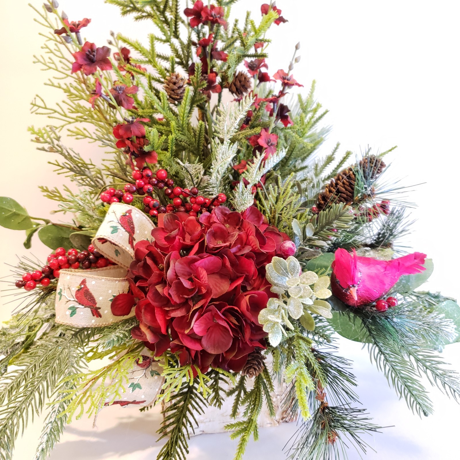 Winter Burgundy Hydrangea Arrangement with Cardinal, Memorial gift
