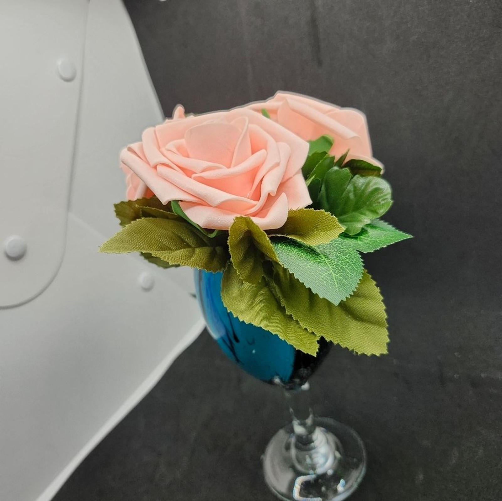 Hand Crafted Floral Table Centerpiece Summer Peach Roses Flower Wine Glass