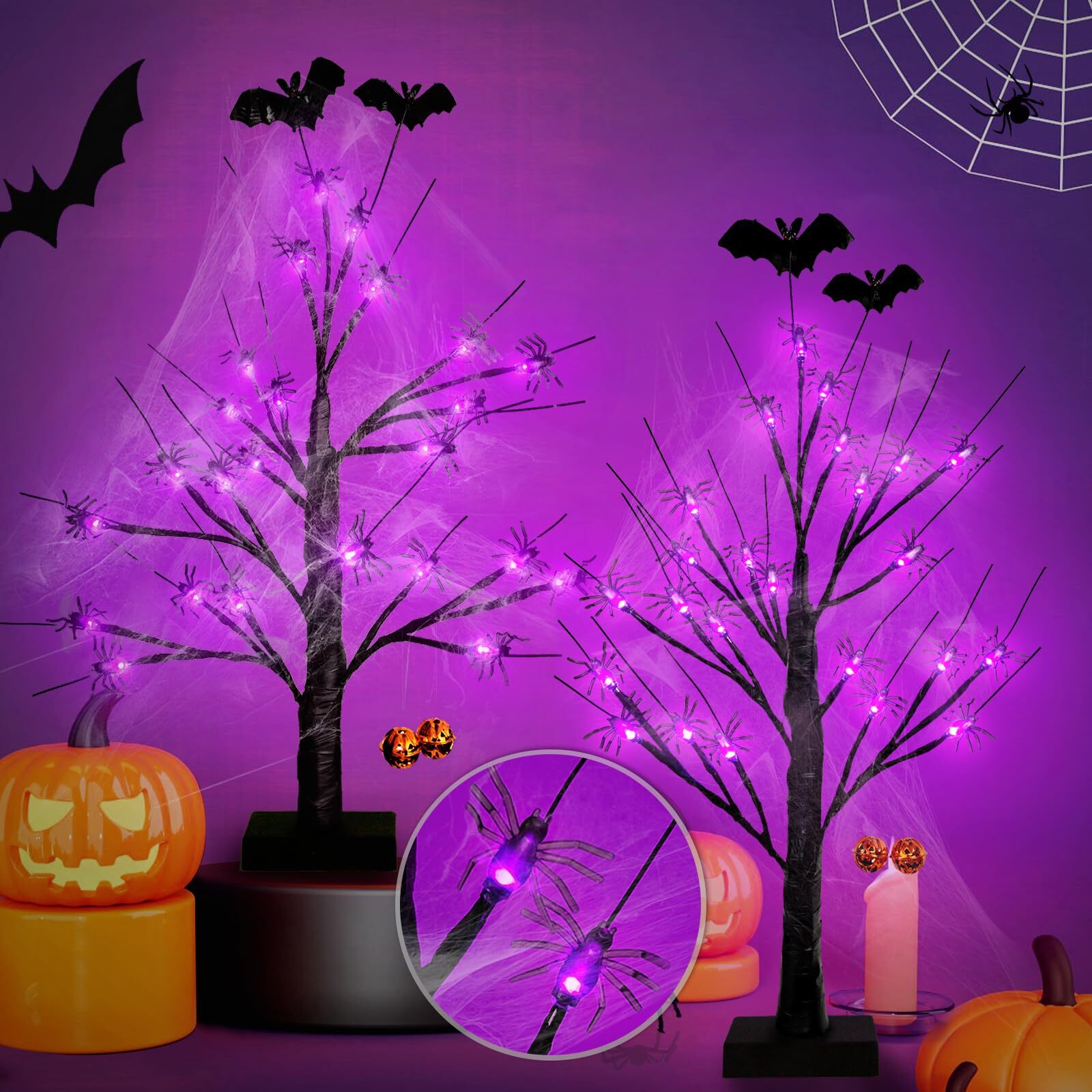 2FT Black Halloween Tree, Spooky Tree with 24 Spider & 24 Purple Lights