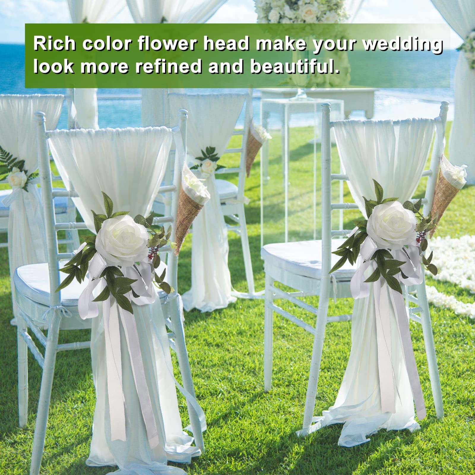FQQWEE 6Pcs Wedding Aisle Chair Decorations White Rose Floral Wedding Chair B…