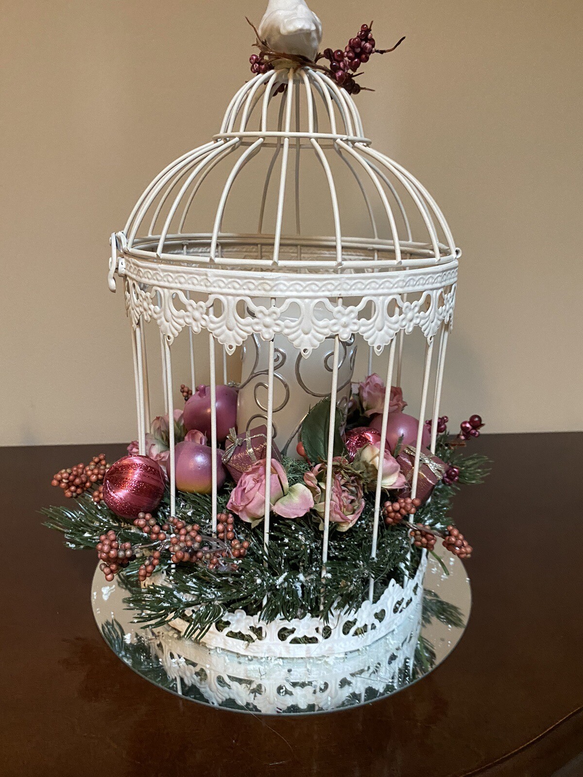 Vintage Christmas Birdcage with Pink Highlights & Pillar Candle