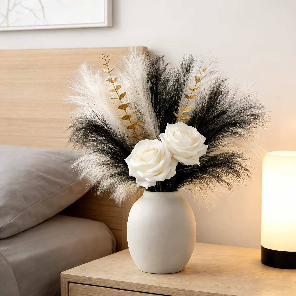 A Set of Artificial White Roses, Artificial White Pampas Grass, Black Pampas.