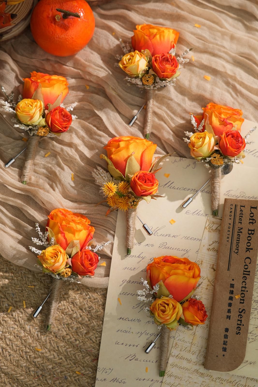 Retro Orange Rose Natural Dried Plants Boutonniere for Men, Set of 6, Corsage…