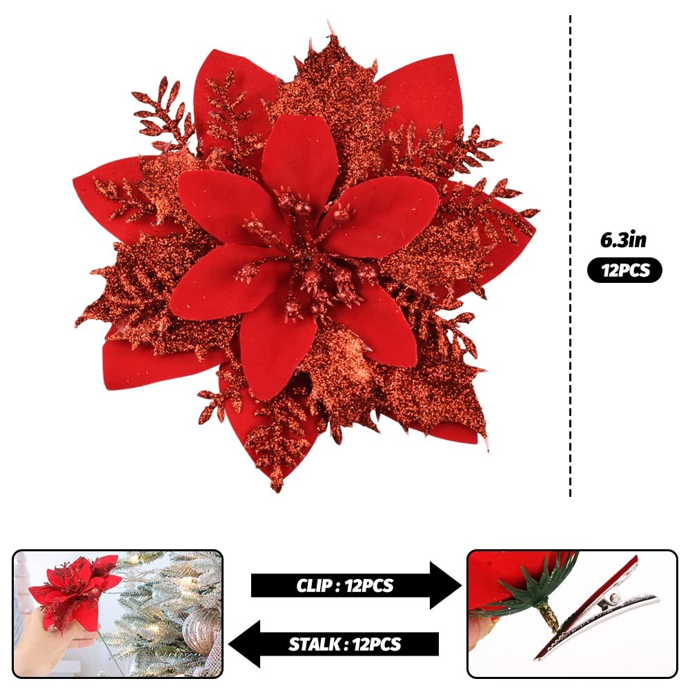 12 PCS Red Christmas Glitter Artificial Poinsettia Flowers Wreath Tree Decor