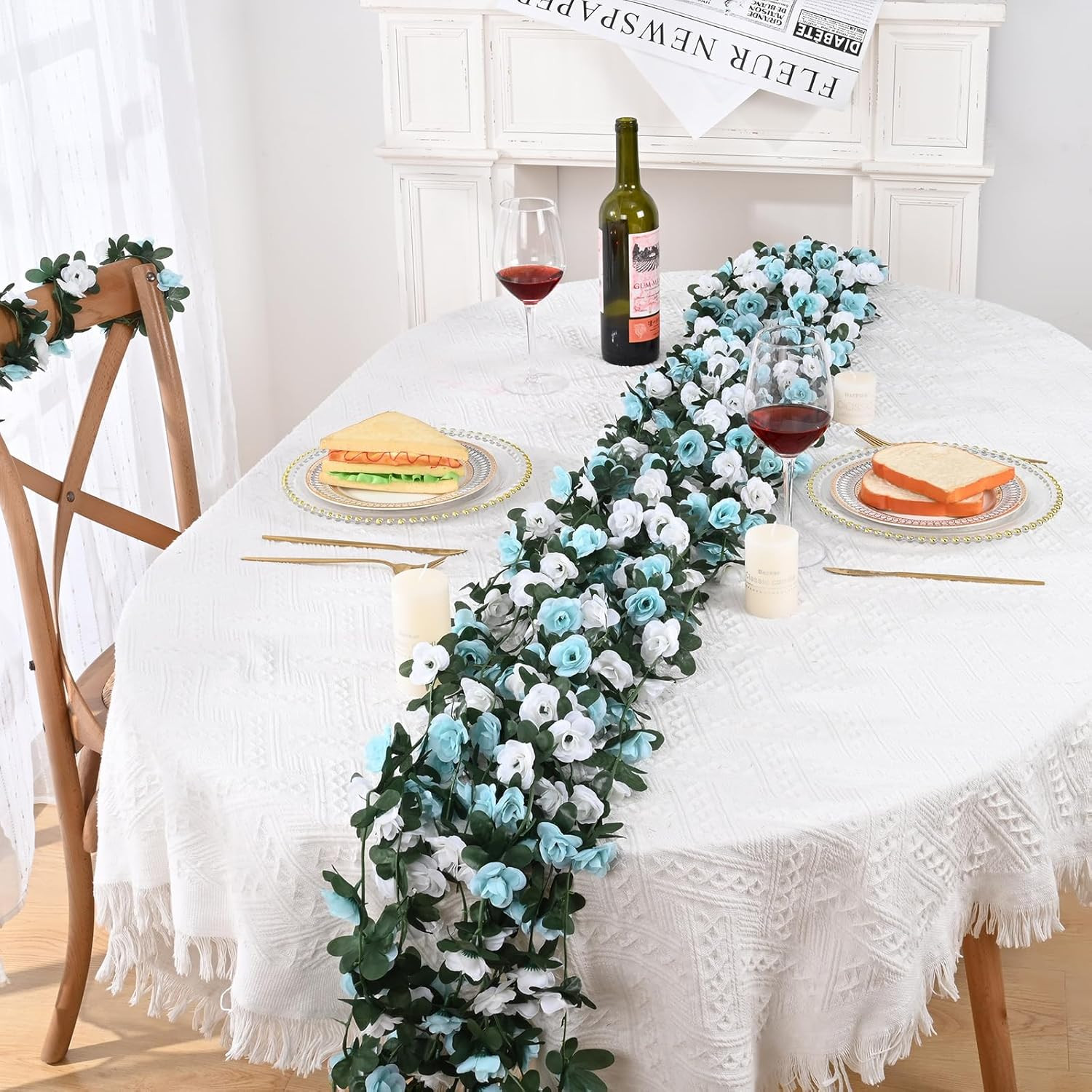Flower Garland – 5 Strands 41Ft Rose Vines for Bedroom Decor, Blue and White Ros
