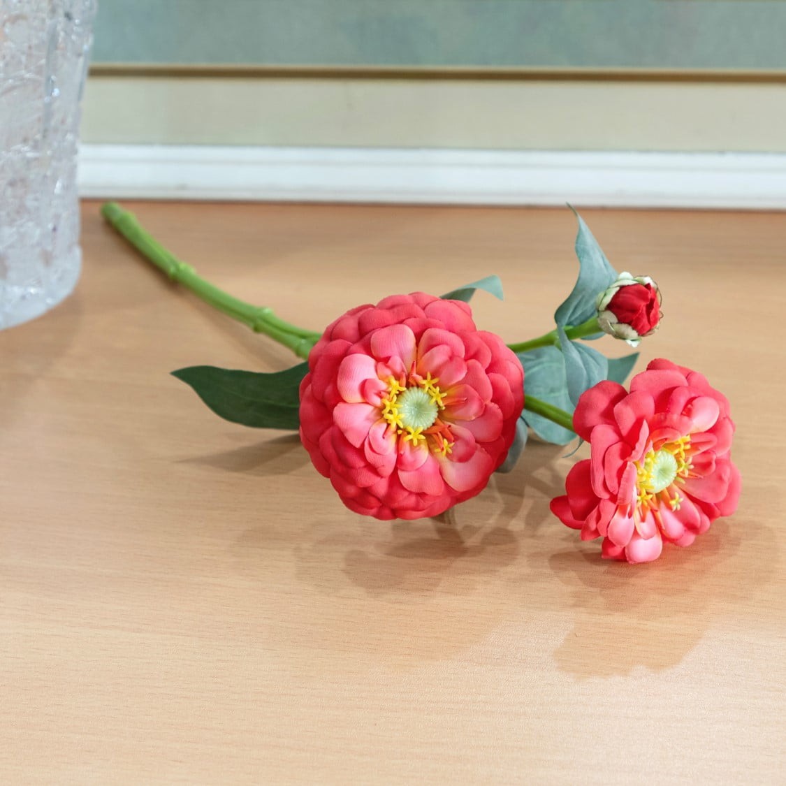 3 pack 13-inch Artificial Silk Coral Zinnia Short Stem Indoor Use