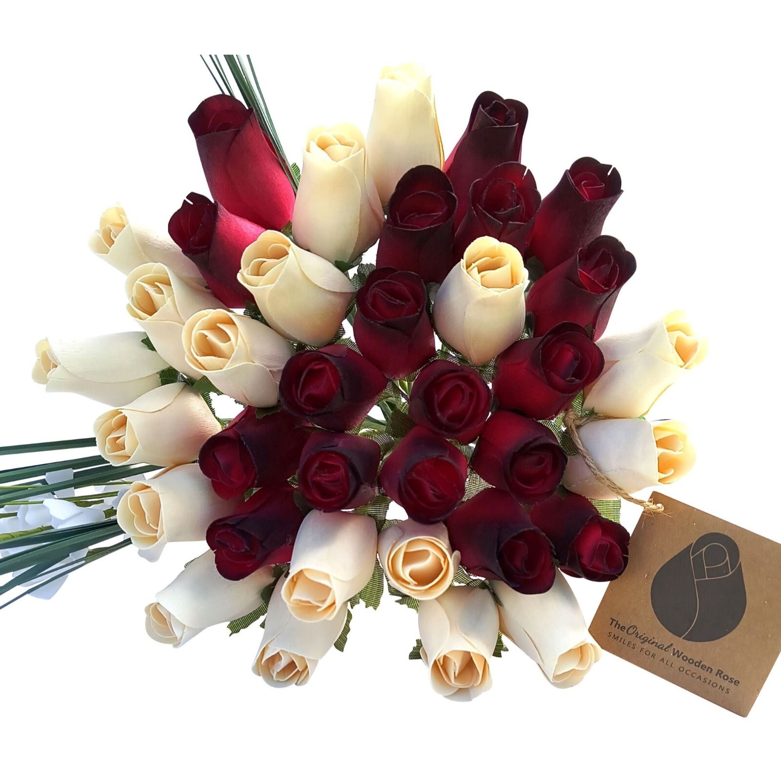 Red with Black Tips & White Flower Bouquet The Original Wooden Rose 1,2,3 Doz