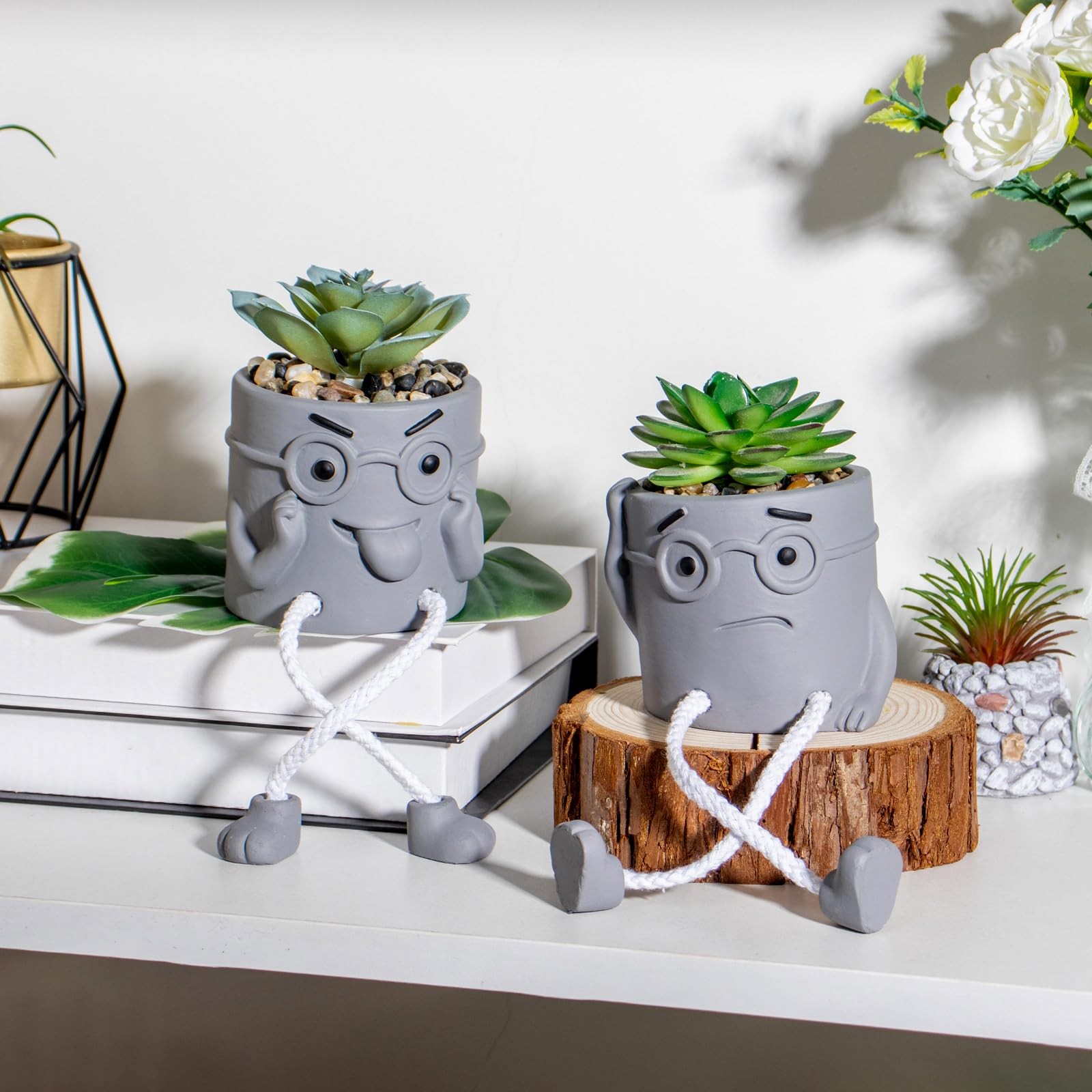 2 PCS Gray Cute Fake Succulent Plant Shelf Sitter Dangling Leg Desk Decor