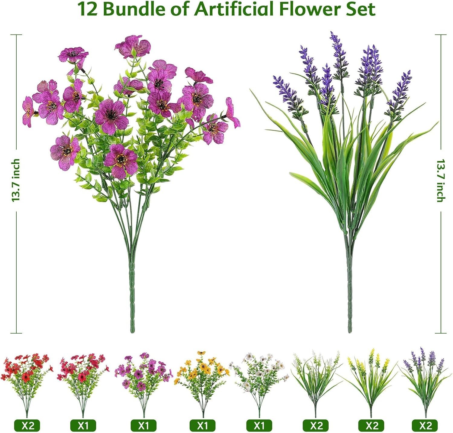 12 Bundle No Fade Artificial Flowers – Vibrant Faux Plants for -Round Decor