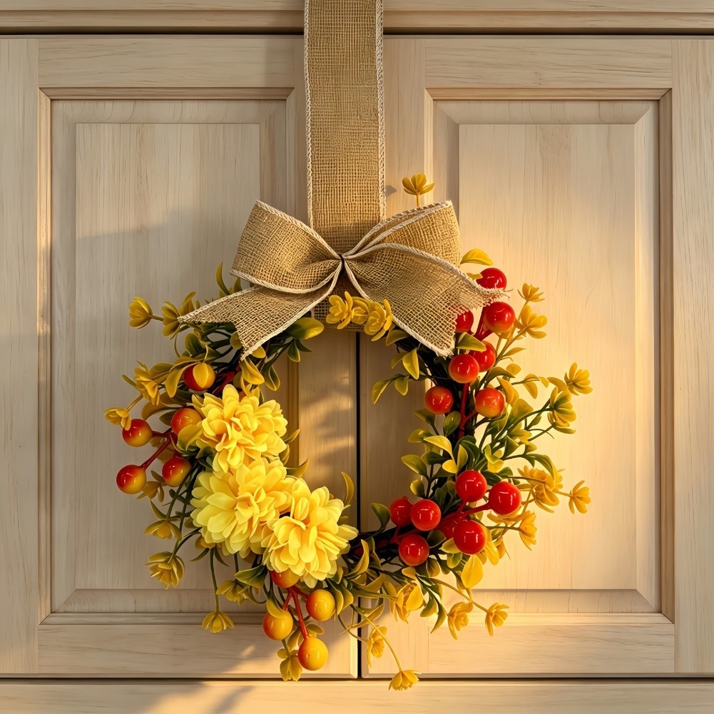 Plastic Wire Artificial Wreath with Chrysanthemums Berries Autumn Theme