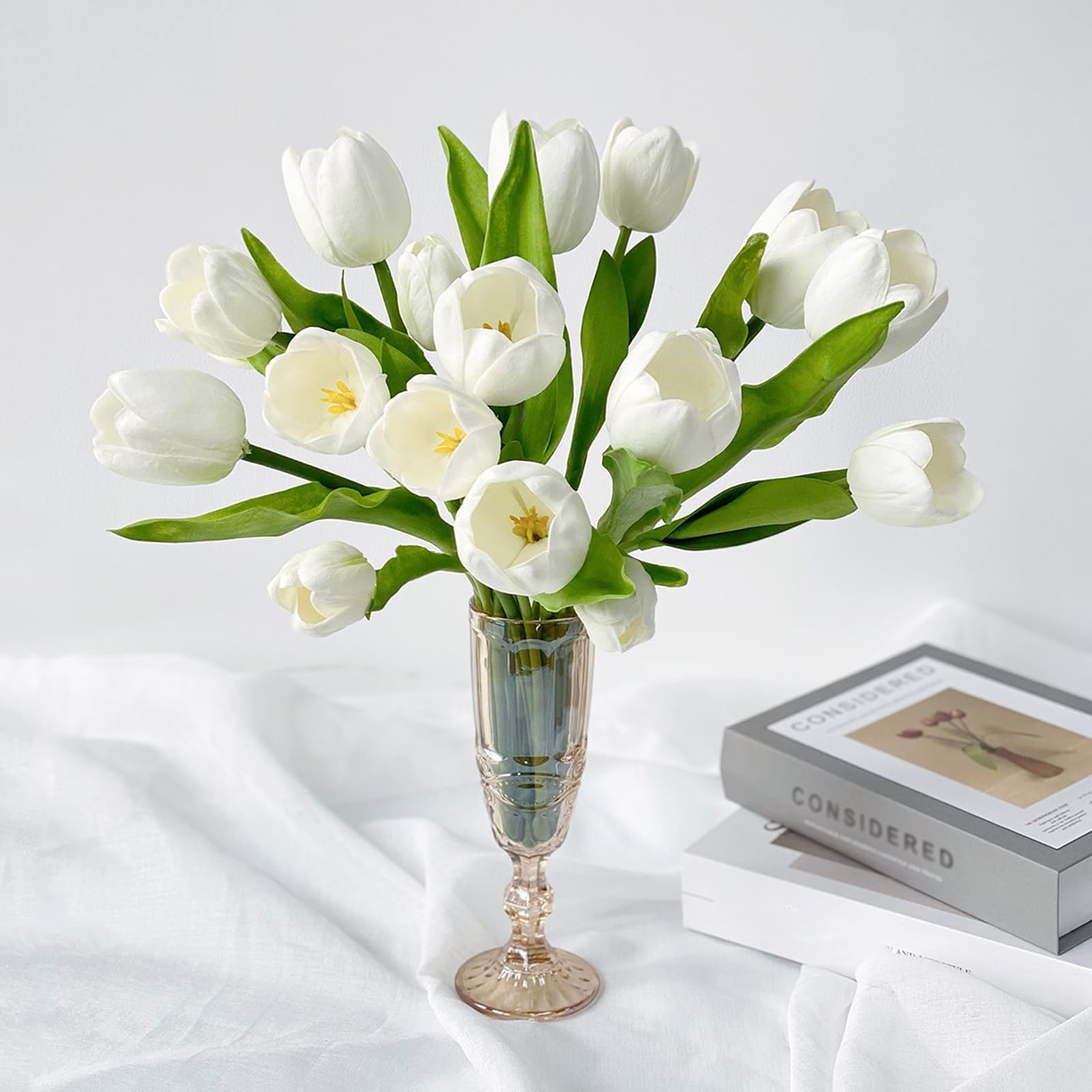 20 PCS Fake Tulips White Artificial Flowers Tulipanes 13 PU Real Touch with Faux