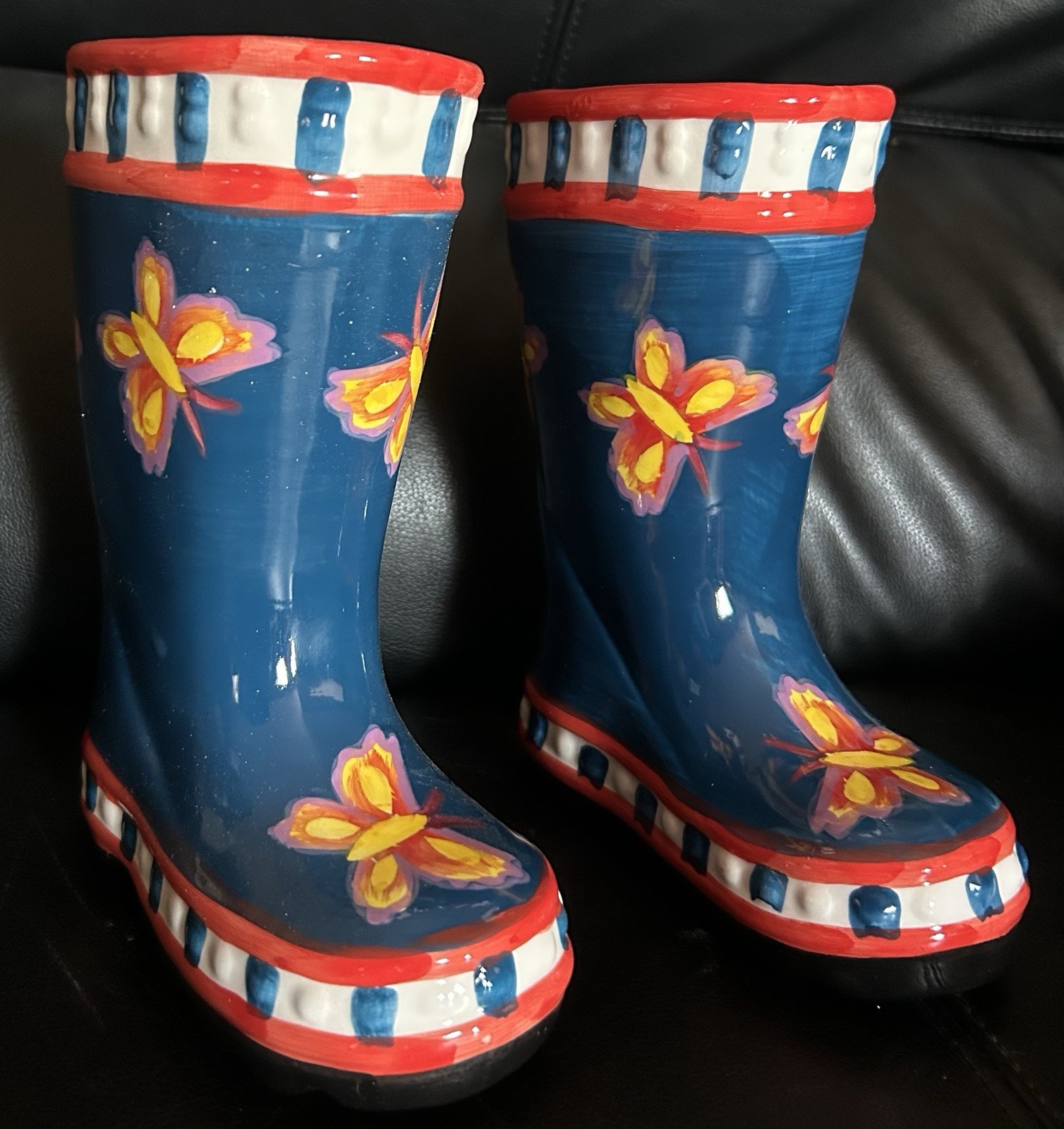Pair Of Ceramic Butterfly Rain Boot Planter 7.5″ tall Blue,Yellow, Red, White