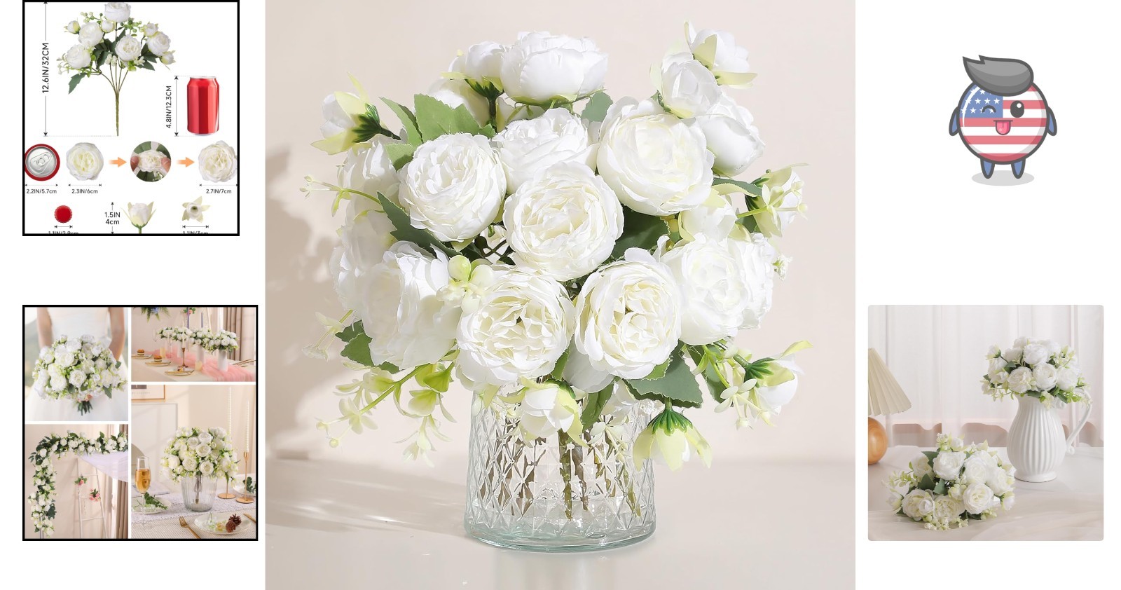 2 Packs Vintage Silk Peony Bouquet for Elegant Vase Arrangements – White