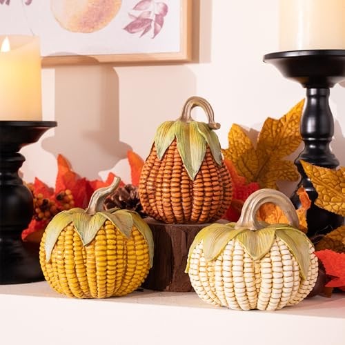 Fall Decorations for Home Pumpkins Decor, Set of 3 Resin Artificial Corn Large