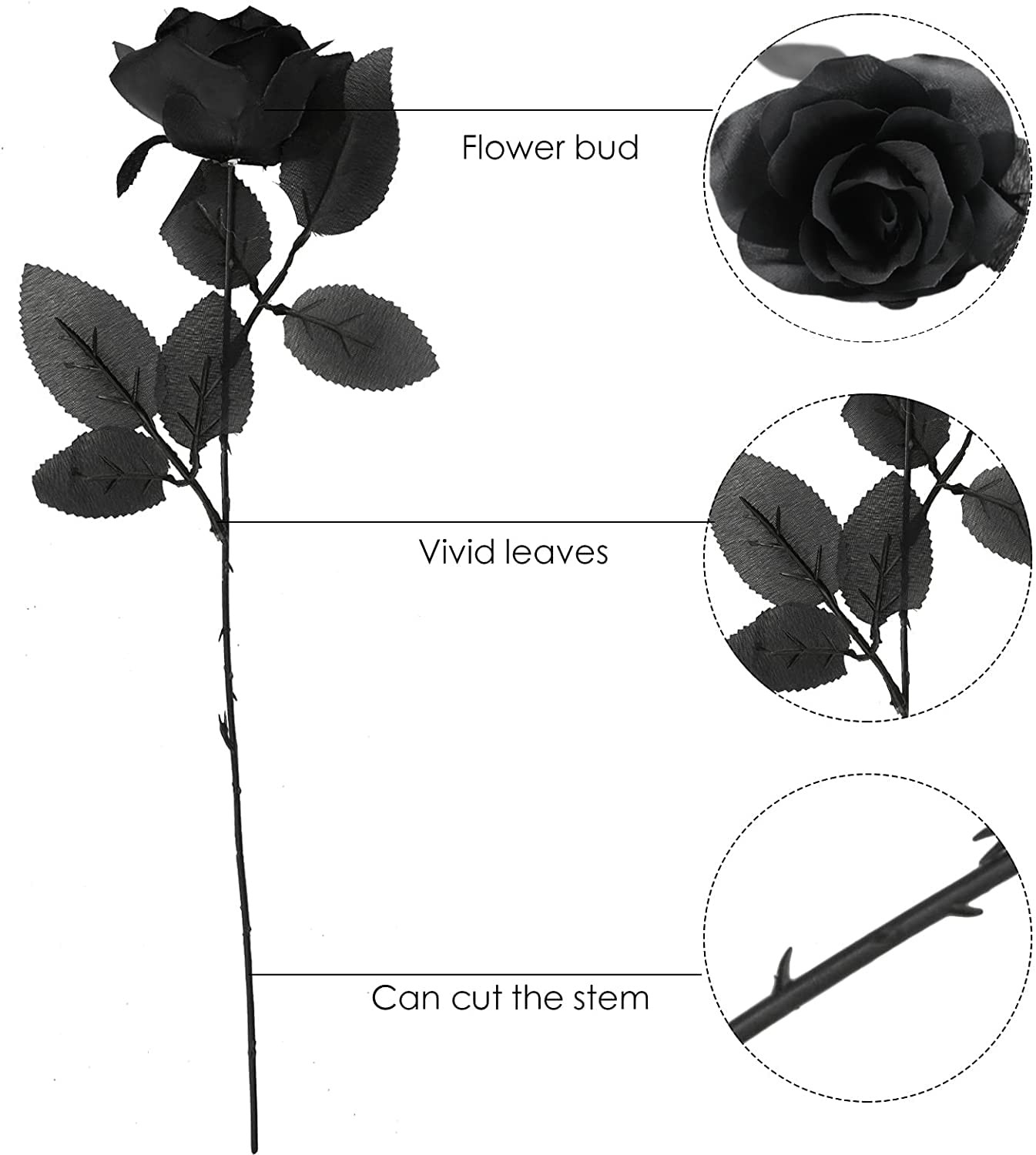 10pcs Black Faux Silk Roses for Bridal Bouquets, Wedding, Halloween & Home Decor