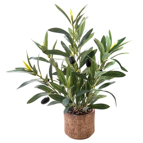 Indoor Fake Olive Plant 12 inch Faux Silk Leaves with Black Rustic Plant a