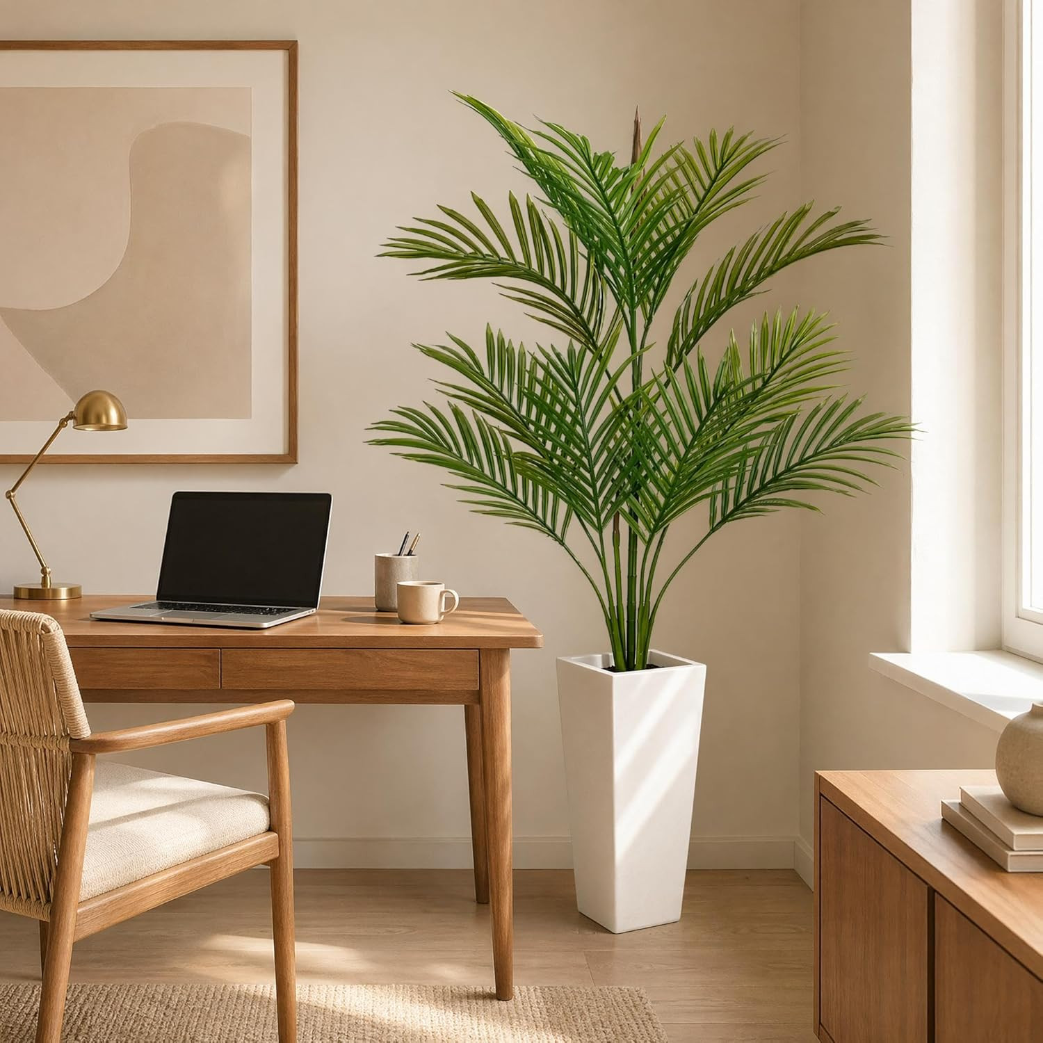4.5FT Artificial Palm Tree, Tall Faux Plants Indoor Tropical Areca with White Pl