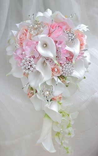 IFFO Calla Lilies 11-inch Simulation Rose Diamonds Pearl Bride Wedding Bouque…